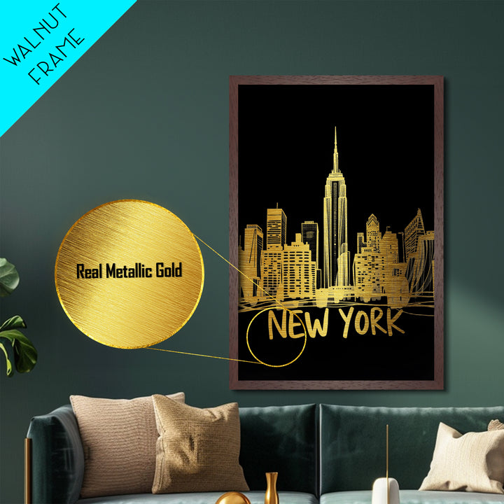 New York New York Art, Metallic Gold Art, Wood Framed Art, Metal Art, Modern House Art, Birthday Gift, Living Room Art