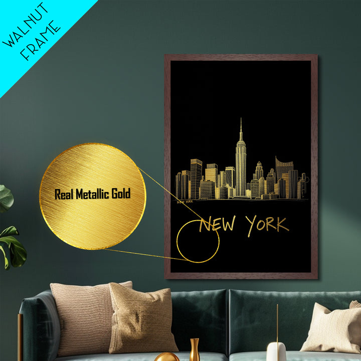 New York New York Travel, Metallic Gold Print, Wood Framed Art, Metal Art, Retirement Gift, Hallway Wall Art, Bedroom Wall Art