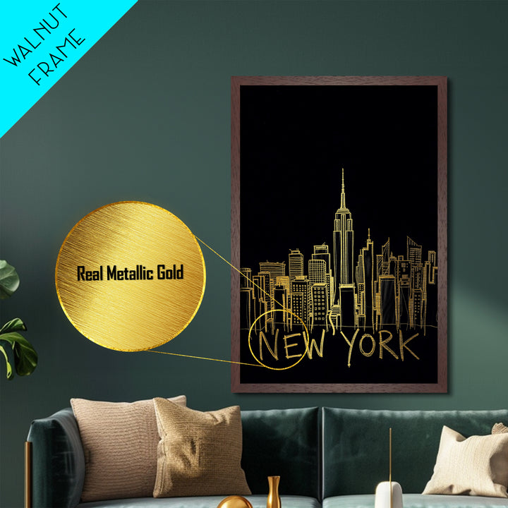 New York New York Travel, Metallic Gold Print, Wood Framed Art, Metal Art, Minimalist Wall Art, Destination Gift, Living Room Art