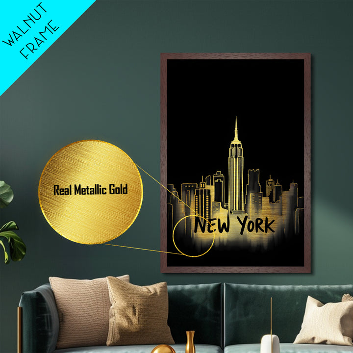 New York New York Travel, Metallic Gold Print, Wood Framed Art, Metal Art, Modern Wall Art, Graduation Gift, Living Room Art