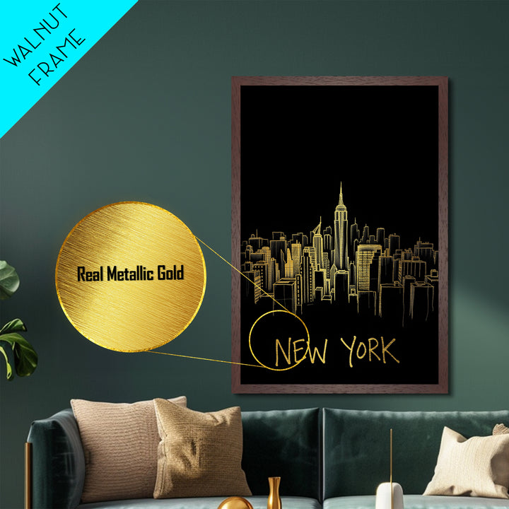 New York New York Art, Metallic Gold Art, Wood Framed Art, Metal Art, Modern House Art, Honeymoon Gift, Bedroom Wall Art