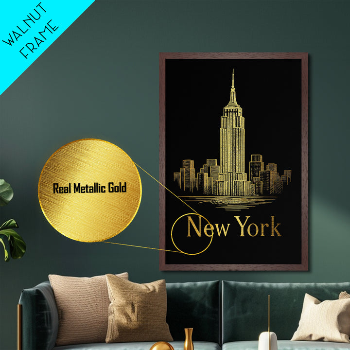 New York New York Travel, Metallic Gold Print, Wood Framed Art, Metal Art, Modern House Art, Wanderlust Gift, Bedroom Art