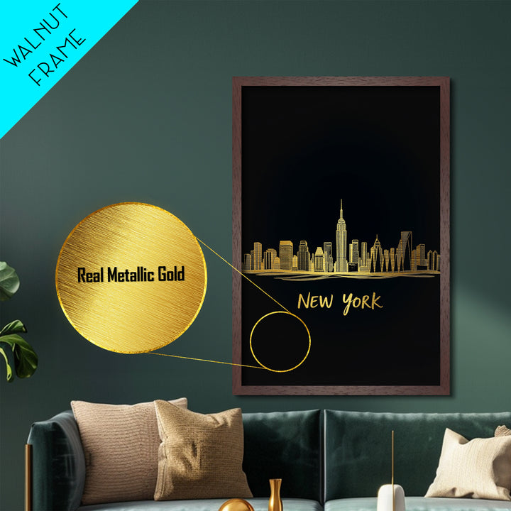 New York New York Travel, Metallic Gold Print, Wood Framed Art, Metal Art, Minimalist Wall Art, Anniversary Gift, Bedroom Art