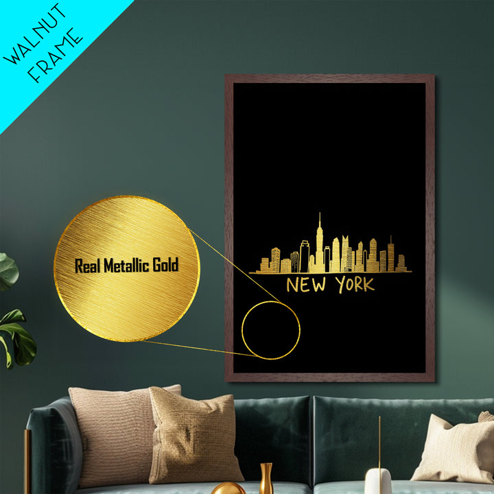 New York New York Art, Metallic Gold Art, Wood Framed Art, Metal Art, Minimalist Wall Art, Birthday Gift, Entryway Wall Print