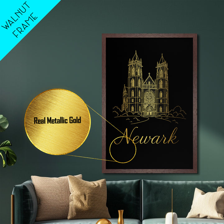 Newark New Jersey Art, Metallic Gold Art, Wood Framed Art, Metal Art, Minimalist Wall Art, Destination Gift, Living Room Art