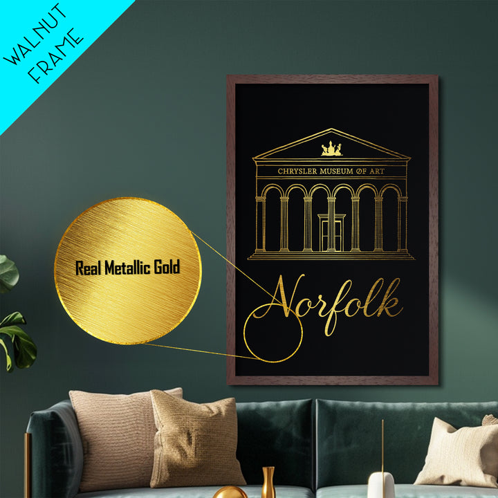 Norfolk Virginia Art, Metallic Gold Art, Wood Framed Art, Metal Art, Minimalist Wall Art, Entryway Wall Print, Anniversary Travel Gift