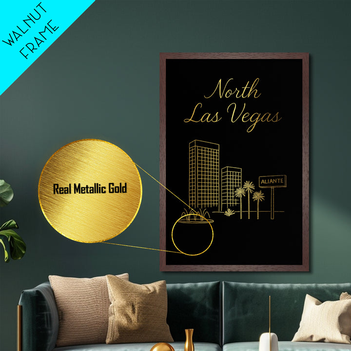 North Las Vegas Nevada Travel, Metallic Gold Art, Wood Framed Art, Metal Art, Minimalist Wall Art, Destination Gift, Living Room Art
