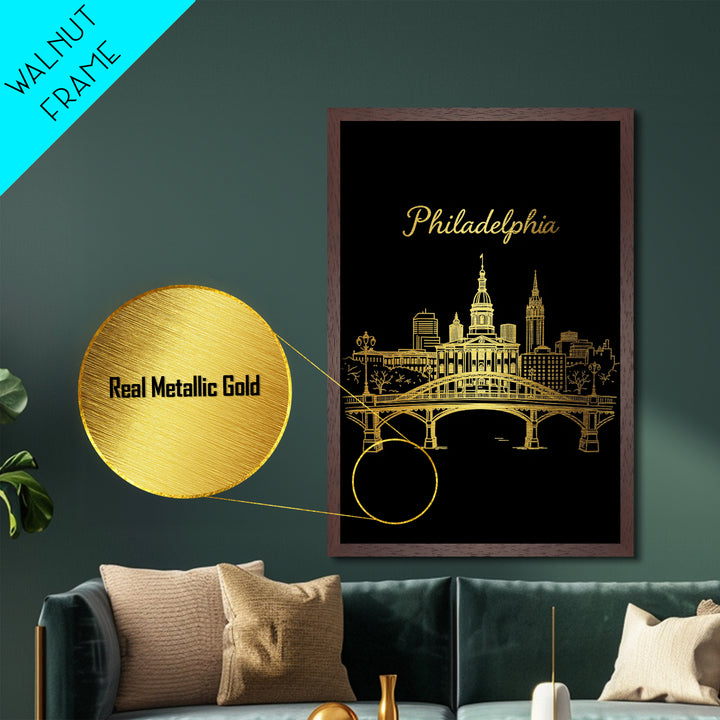 Philadelphia Pennsylvania Travel, Metallic Gold Art, Wood Framed Art, Metal Art, Retirement Gift, Bedroom Wall Art, Hallway Wall Art