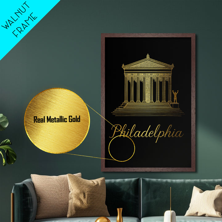 Philadelphia Pennsylvania Art, Metallic Gold Print, Wood Framed Art, Metal Art, Modern Wall Art, Adventure Lover Gift, Living Room Art