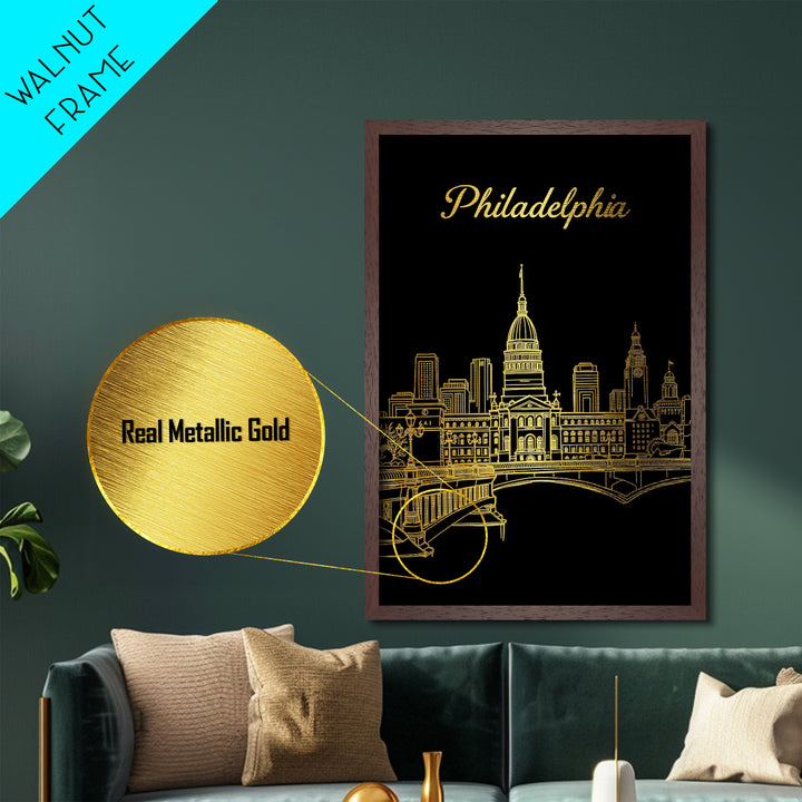 Philadelphia Pennsylvania Travel, Metallic Gold Art, Wood Framed Art, Metal Art, Traveler Gift, Bedroom Wall Art, Hallway Wall Art