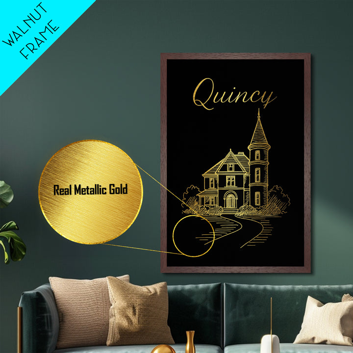 Quincy Massachusetts Art, Metallic Gold Art, Wood Framed Art, Metal Art, Minimalist Wall Art, Anniversary Travel Gift, Home Decor