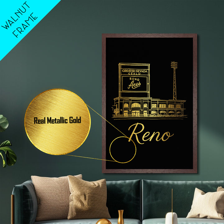 Reno Nevada Travel, Metallic Gold Print, Wood Framed Art, Metal Art, Modern House Art, Retirement Travel Gift, Bedroom Decor