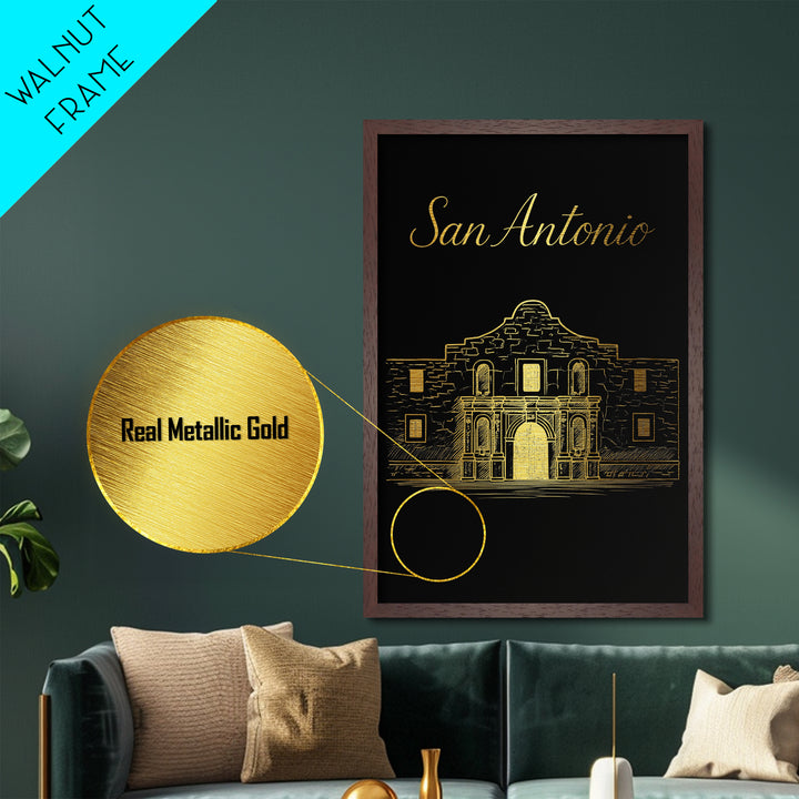 San Antonio Texas Travel, Metallic Gold Print, Wood Framed Art, Metal Art, Minimalist Wall Art, Honeymoon Gift, Bedroom Decor