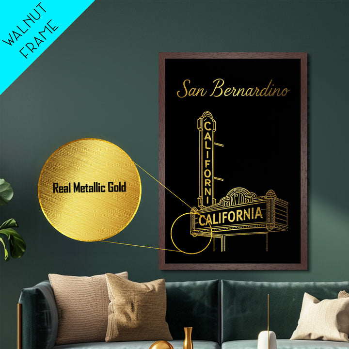 San Bernardino California Travel, Metallic Gold Print, Wood Framed Art, Metal Art, Modern Wall Art, Retirement Travel Gift, Office Decor