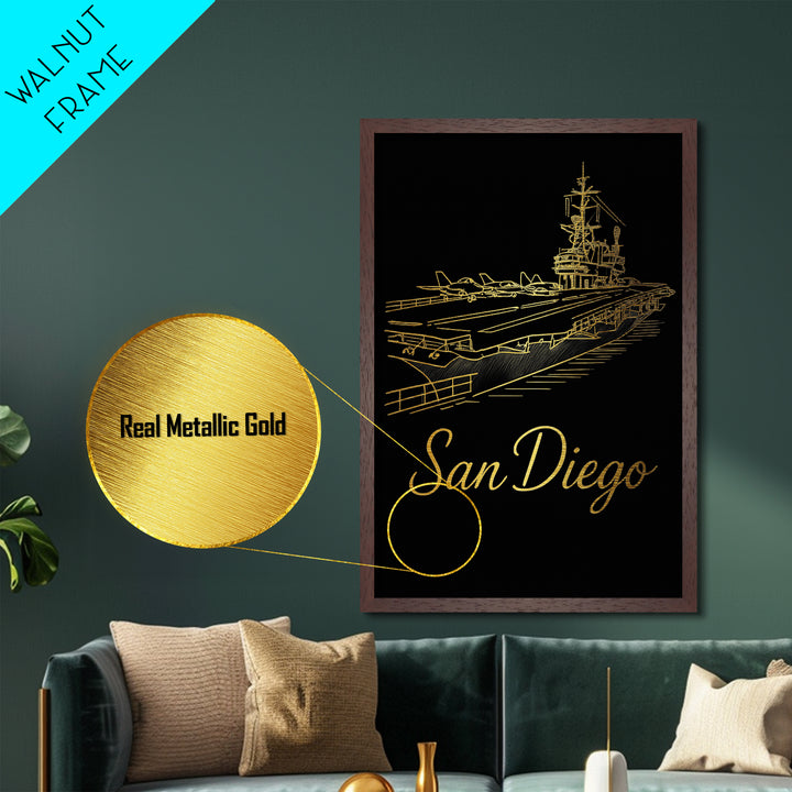 San Diego California Art, Metallic Gold Art, Wood Framed Art, Metal Art, Modern House Art, Wanderlust Gift, Living Room Decor