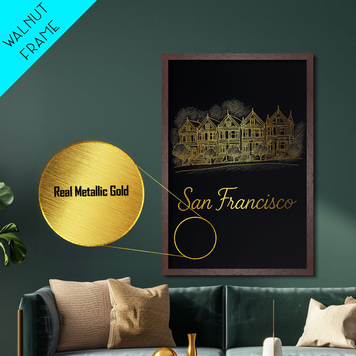 San Francisco California Travel, Metallic Gold Print, Wood Framed Art, Metal Art, Modern Wall Art, Honeymoon Gift, Home Decor
