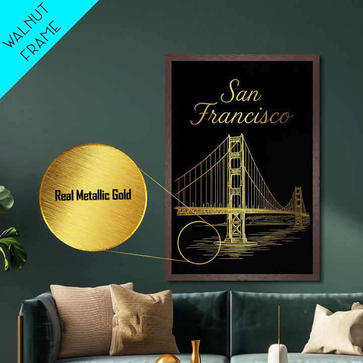 San Francisco California Art, Metallic Gold Art, Wood Framed Art, Metal Art, Minimalist Wall Art, Birthday Travel Gift, Living Room Decor