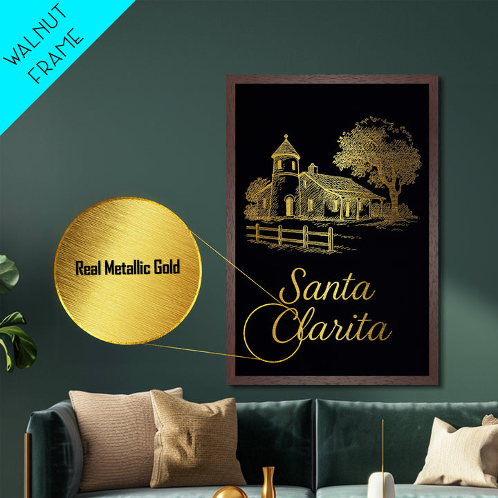 Santa Clarita California Travel, Metallic Gold Print, Wood Framed Art, Metal Art, Modern Wall Art, Retirement Travel Gift, Living Room Decor