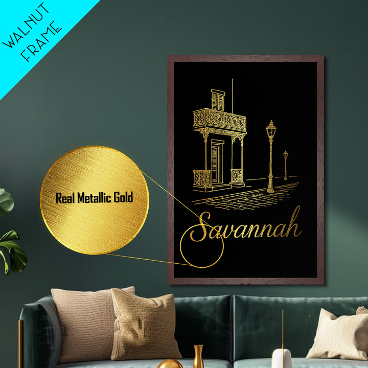 Savannah Georgia Art, Metallic Gold Art, Wood Framed Art, Metal Art, Modern House Art, Birthday Travel Gift, Living Room Decor