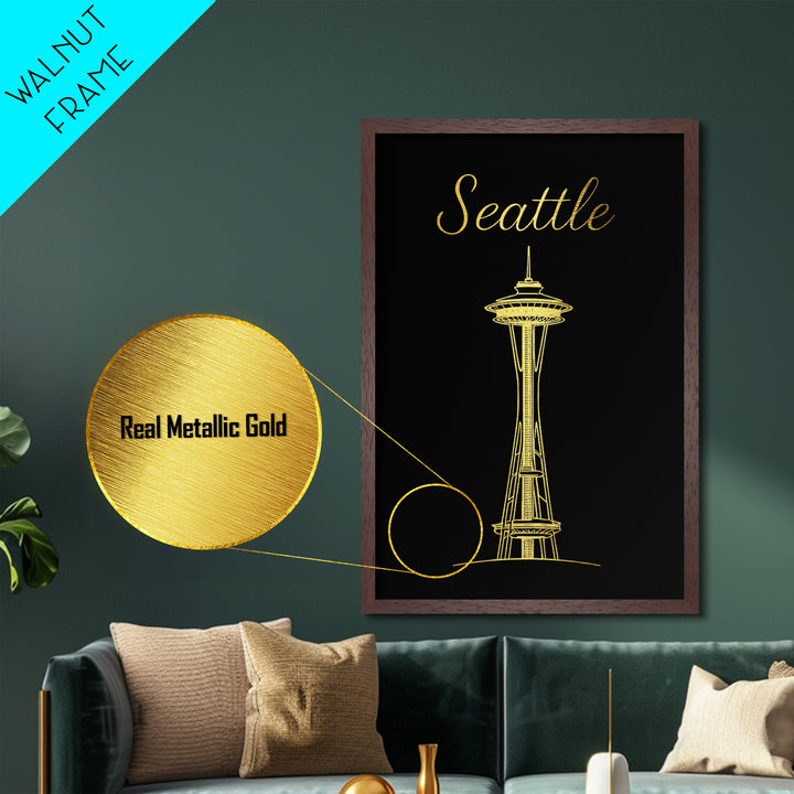 Seattle Washington Travel, Metallic Gold Print, Wood Framed Art, Metal Art, Modern Wall Art, Wanderlust Gift, Living Room Decor