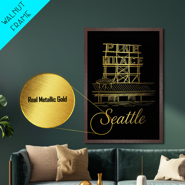 Seattle Washington Art, Metallic Gold Art, Wood Framed Art, Metal Art, Minimalist Wall Art, Anniversary Travel Gift, Bedroom Decor