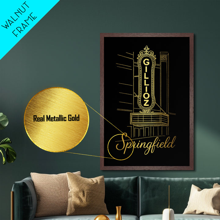 Springfield Illinois Art, Metallic Gold Art, Wood Framed Art, Metal Art, Minimalist Wall Art, Anniversary Travel Gift, Bedroom Decor
