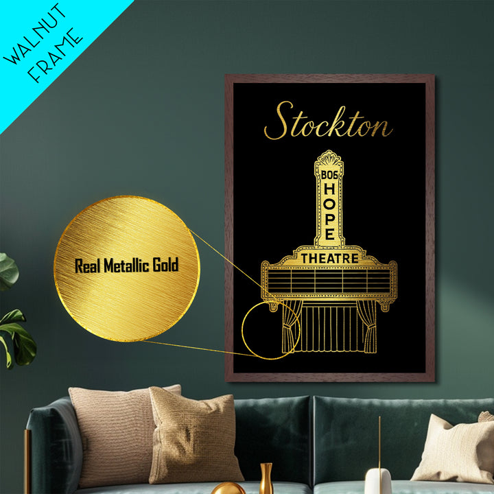 Stockton California Travel, Metallic Gold Print, Wood Framed Art, Metal Art, Modern Wall Art, Anniversary Travel Gift, Living Room Decor
