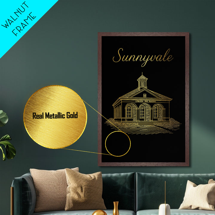 Sunnyvale California Travel, Metallic Gold Print, Wood Framed Art, Metal Art, Modern House Art, Wanderlust Gift, Living Room Decor