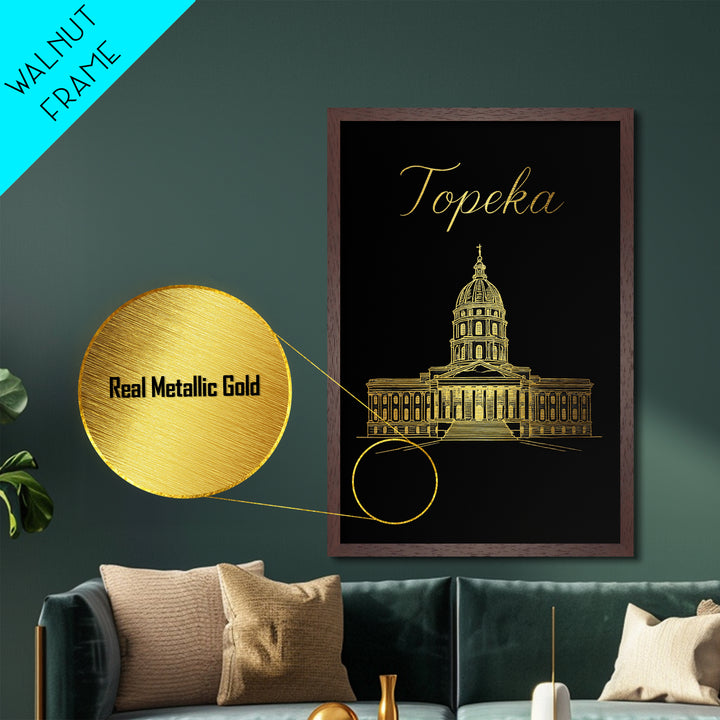 Topeka Kansas Travel, Metallic Gold Print, Wood Framed Art, Metal Art, Modern House Art, Birthday Travel Gift, Living Room Decor