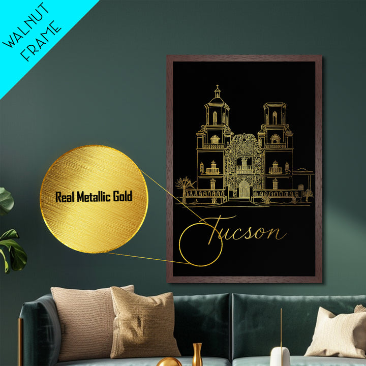 Tucson Arizona Art, Metallic Gold Art, Wood Framed Art, Metal Art, Minimalist Wall Art, Anniversary Travel Gift, Bedroom Decor