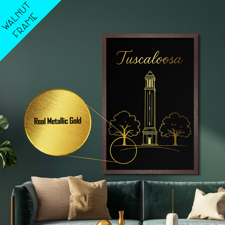 Tuscaloosa Alabama Travel, Metallic Gold Print, Wood Framed Art, Metal Art, Minimalist Wall Art, Destination Gift, Home Decor