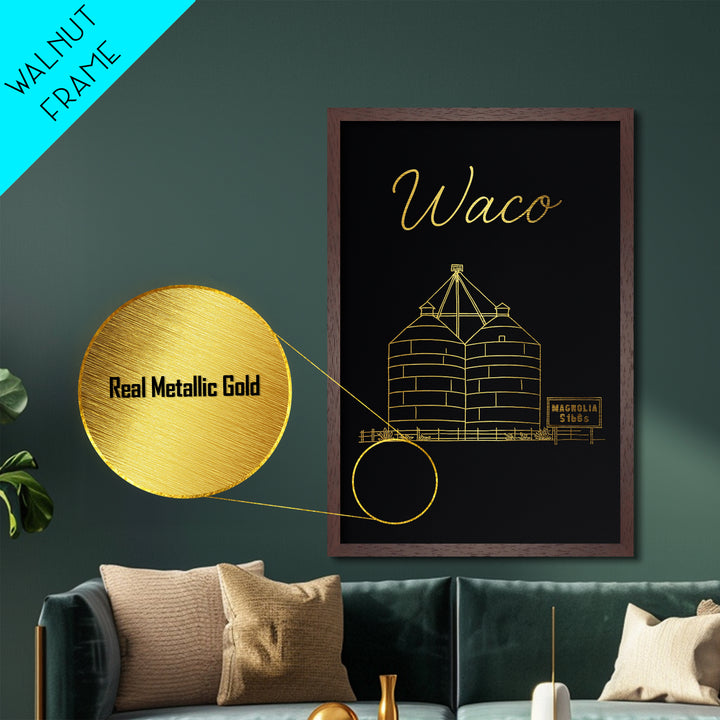 Waco Texas Travel, Metallic Gold Print, Wood Framed Art, Metal Art, Minimalist Wall Art, Honeymoon Gift, Office Decor