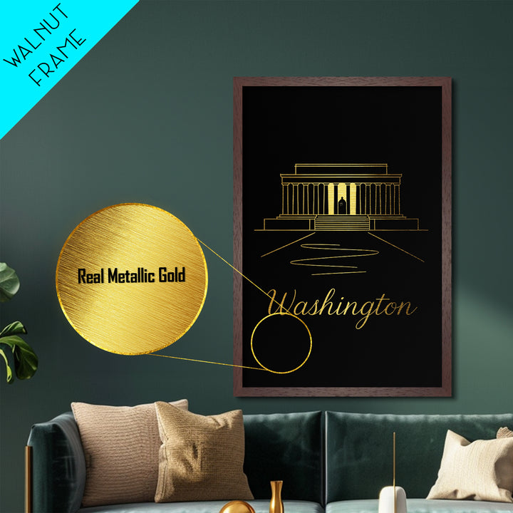 Washington DC Travel, Metallic Gold Print, Wood Framed Art, Metal Art, Minimalist Wall Art, Retirement Travel Gift, Bedroom Decor