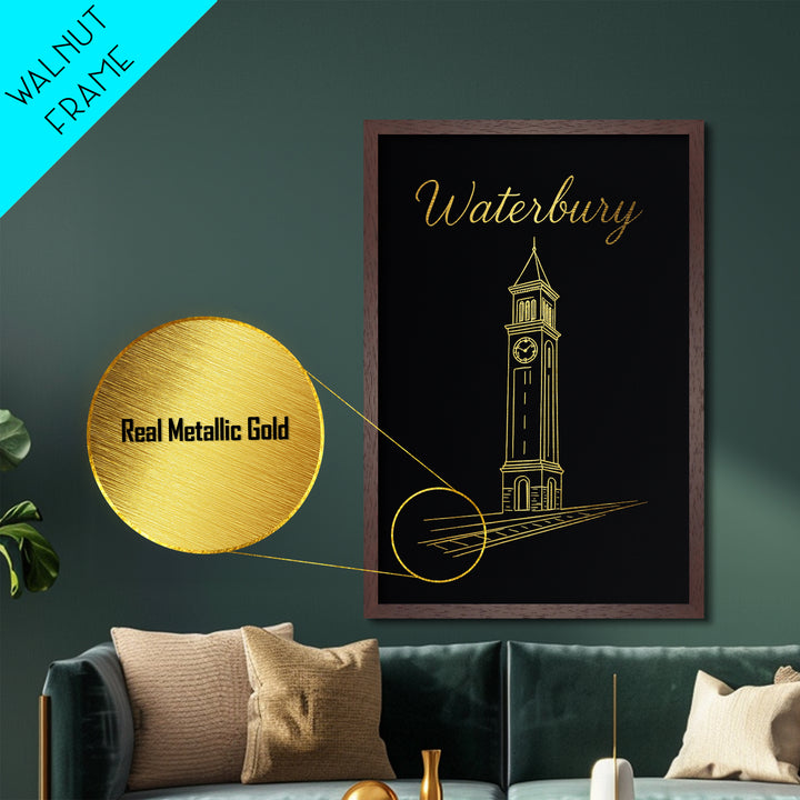 Waterbury Connecticut Travel, Metallic Gold Print, Wood Framed Art, Metal Art, Modern Wall Art, Retirement Travel Gift, Office Decor