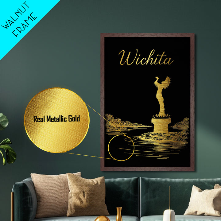 Wichita Kansas Travel, Metallic Gold Print, Wood Framed Art, Metal Art, Minimalist Wall Art, Destination Gift, Home Decor