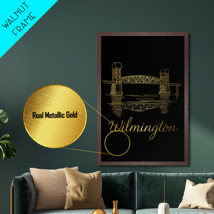 Wilmington Delaware Art, Metallic Gold Art, Wood Framed Art, Metal Art, Minimalist Wall Art, Honeymoon Gift, Living Room Decor