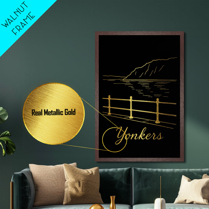 Yonkers New York Art, Metallic Gold Art, Wood Framed Art, Metal Art, Modern Wall Art, Adventure Lover Gift, Bedroom Decor