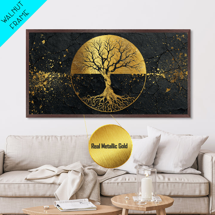 Mystical Roots Tree Metallic Gold Art, Sacred Nature Symbol Metal Print, Real Wood Frame Wall Décor, Spiritual Mythical Decorative Artwork