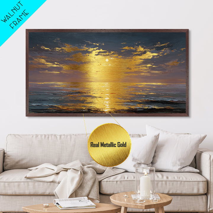 Ocean Sunset Metallic Gold Metal Print, Radiant Sunlight Over Waves Artwork, Real Wood Frame Wall Décor, Coastal Seascape Glow Art