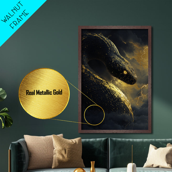 Mythical Serpent Metallic Gold Art, Norse Jormungandr Snake Metal Print, Real Wood Frame Wall Décor, Fantasy Mythology Creature Artwork