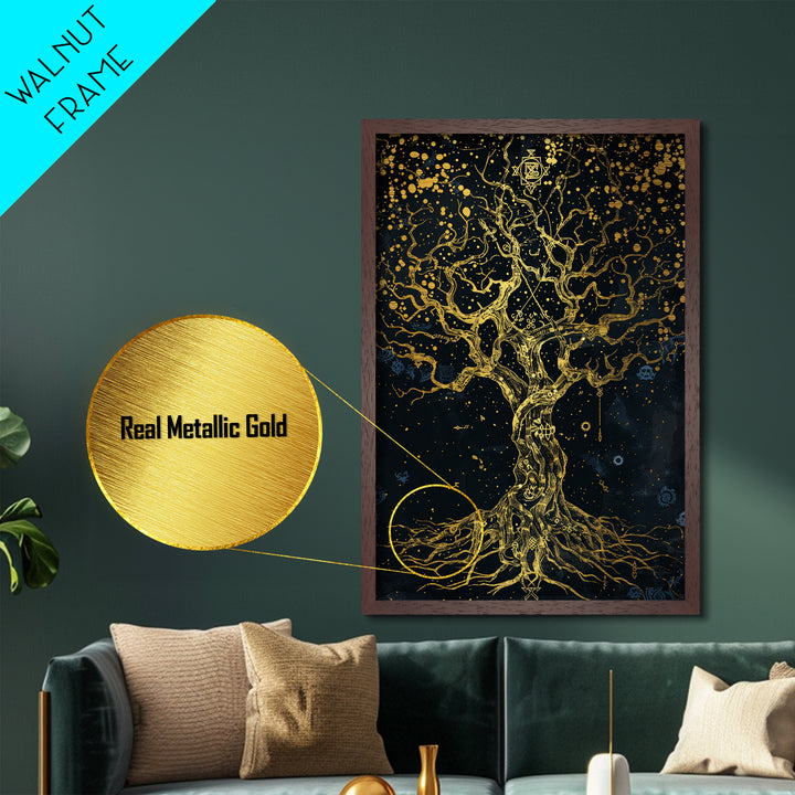 Mystical Tree Of Life Metallic Gold Art, Celestial Symbolic Nature Metal Print, Real Wood Frame Wall Décor, Sacred Mythology Fantasy Artwork