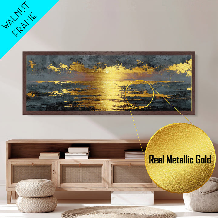 Ocean Sunset Metallic Gold Metal Print, Glowing Sun Over Waves Wall Art, Modern Coastal Seascape Artwork With Real Wood Frame