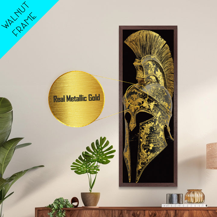 Golden Spartan Helmet - Sparta Wall Art - Metallic Gold Decor - Metallic Wall Art - Metallic Gold Spartan Painting - Wood Framed Mancave Art