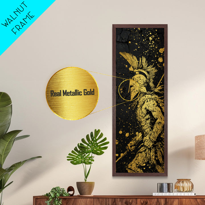 Spartan Warrior Helmet Illustration, Metallic Gold Metal Print, Ancient Greek Soldier Wall Art, Real Wood Frame Decor