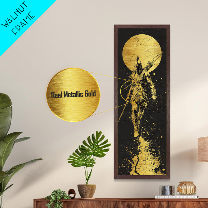 Spartan Warrior Under Full Moon, Metallic Gold Metal Print, Ancient Greek Soldier Wall Art, Real Wood Frame Decor