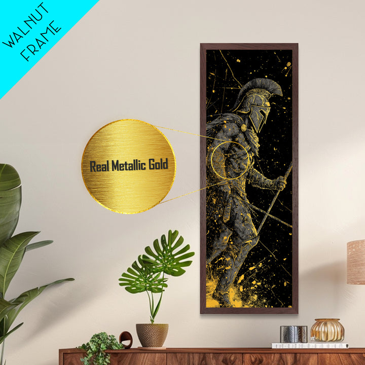 Ancient Greek Spartan Fighter, Metallic Gold Metal Print, Warrior Helmet Spear Wall Art, Real Wood Frame Decor
