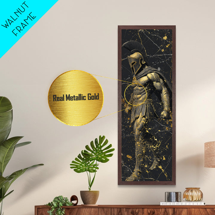 Spartan Warrior In Detailed Armor, Metallic Gold Metal Print, Ancient Greek Soldier Wall Art, Real Wood Frame Decor