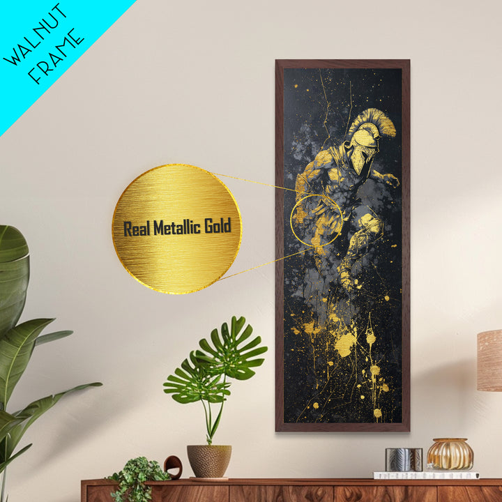 Ancient Spartan Warrior In Battle Pose, Metallic Gold Metal Print, Greek Soldier Helmet Wall Art, Real Wood Frame Decor