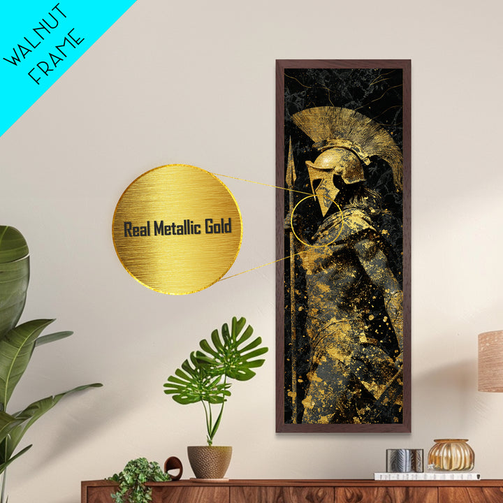 Greek Spartan Warrior Holding Spear, Metallic Gold Metal Print, Ancient Helmet Warrior Wall Art, Real Wood Frame Decor