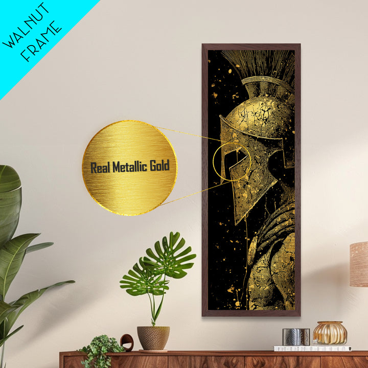 Spartan Helmet Close Up Artwork, Metallic Gold Metal Print, Ancient Greek Warrior Wall Art, Real Wood Frame Decor